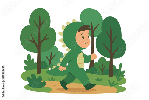 A youngster dressed as a dinosaur discovers a mystical woodland shrouded in mist