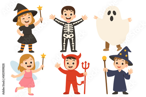 Fun holiday illustration featuring cartoon Halloween kids costumes including spooky devil, witch, skeleton, and fairy