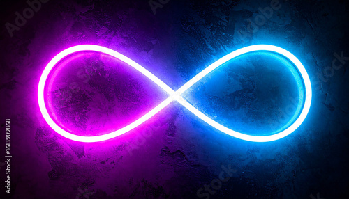 Glowing neon infinity sign on dark background. Eternity, endless and unlimited. Modern design.