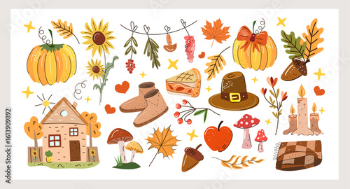 Hello Autumn hand drawn vector set with cozy fall clothes tea pumpkin pie leaves mushrooms and walking mood Perfect for seasonal prints stickers cards and autumn lifestyle design