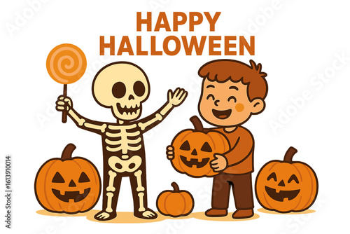 A lively young boy revels in the delight of Halloween alongside a skeleton, encircled by entertaining pumpkins and lively components, illustrating the excitement and happiness of this unique occasion