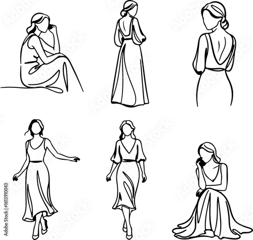 Elegant line art sketches of women in flowing dresses showcasing various poses and silhouettes