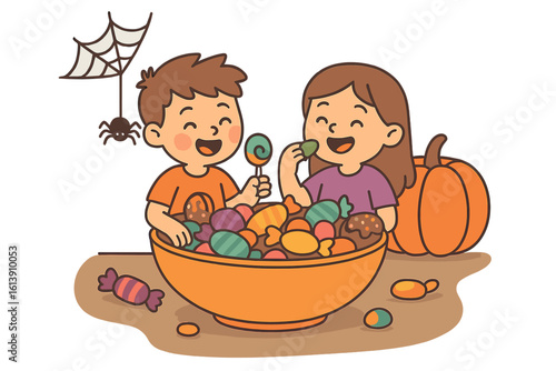 Adorable cartoon kids in Halloween attire, one disguised as a ghost and the other as a striped creature, gather sweets from a big bowl overflowing with vibrant goodies and pumpkins
