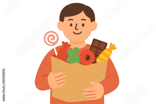 Adorable cartoon boy dressed in a white ghost sheet costume celebrates Halloween by playing trick or treat, holding a scythe and a pumpkin bucket filled with candy