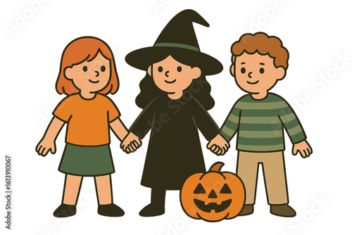 A group of kids dressed in Halloween costumes are holding hands with a ghost and a pumpkin situated in the foreground