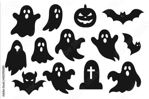 A compilation of dark Halloween shapes including spooky mansions ghosts bats and creatures