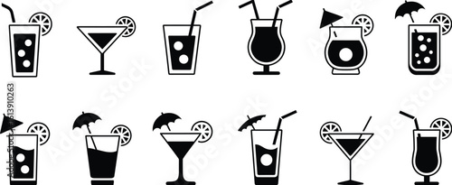 Vector icons of tropical summer drinks, cocktails with straws, umbrellas, lemon slices, soda bubbles, black and white silhouette style