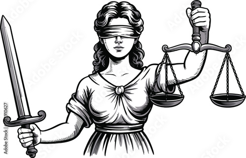 Themis, goddess of justice, is depicted with a blindfold, scales, and sword, embodying law and order, perfect for legal themes and symbolizing fairness and impartiality.