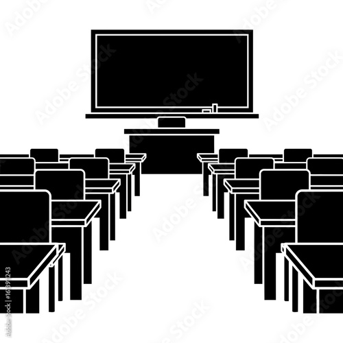 Black and white classroom scene featuring rows of desks and a blackboard at the front of the room