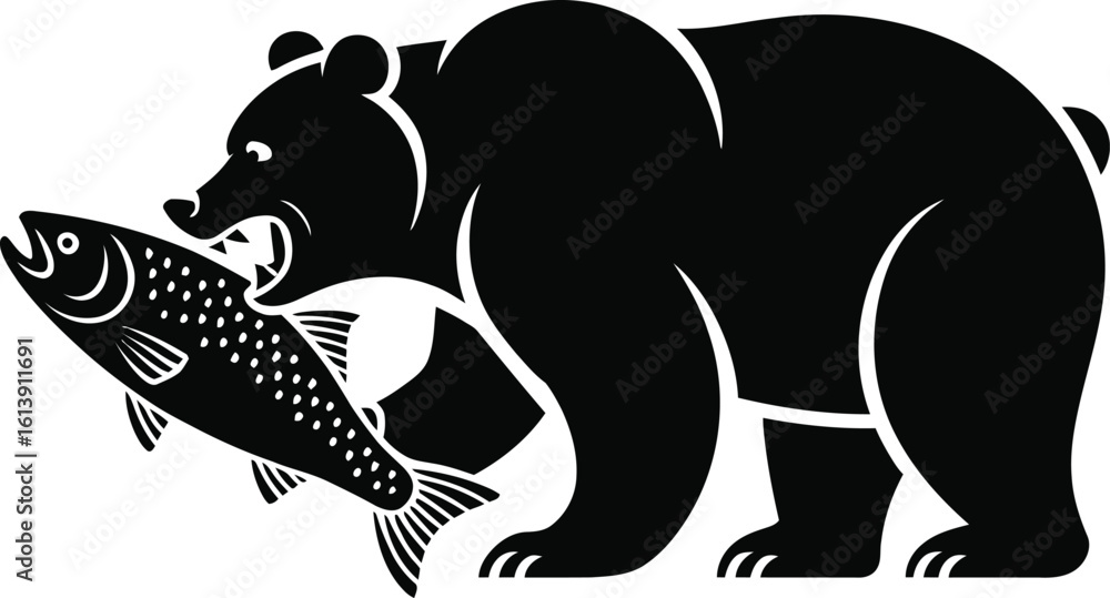 Fototapeta premium A bold black bear illustration showcases the powerful predator holding a fresh fish in its mouth, rendered in a striking monochrome style perfect for logos and graphic design projects.