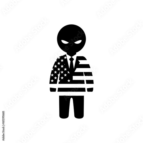 Silhouette of a person wearing a suit with american flag design and a mask over the face in black and white