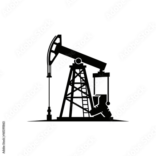 Illustration of a black oil pump jack silhouette against a white background in vector format