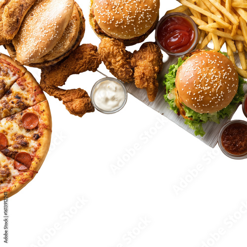 Selection of take out and fast foods. Corner border banner. Pizza, hamburgers, fried chicken and sides. Top down view on a transparent background