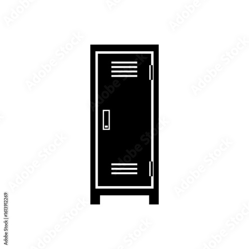 Illustration of a black metal locker with vents and a handle against a white background space ready for use