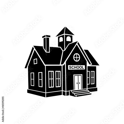 Illustration of a classic school building with a chimney and tower in a monochrome black and white style