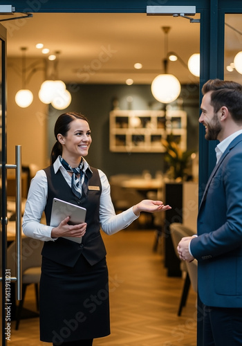 Friendly hotel manager or concierge with tablet warmly greeting a male guest in a suit at the entrance
