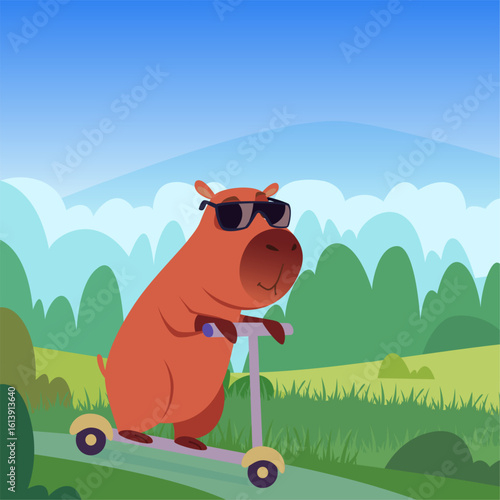 Capybara. happy cute animal capybara riding on scooter