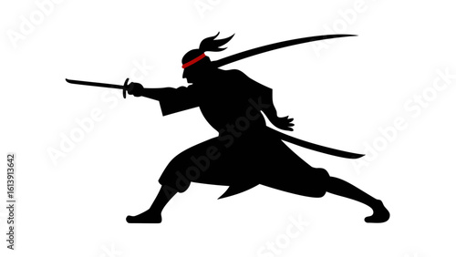 Black Silhouette Samurai Kata Fighting Stance Red Headband