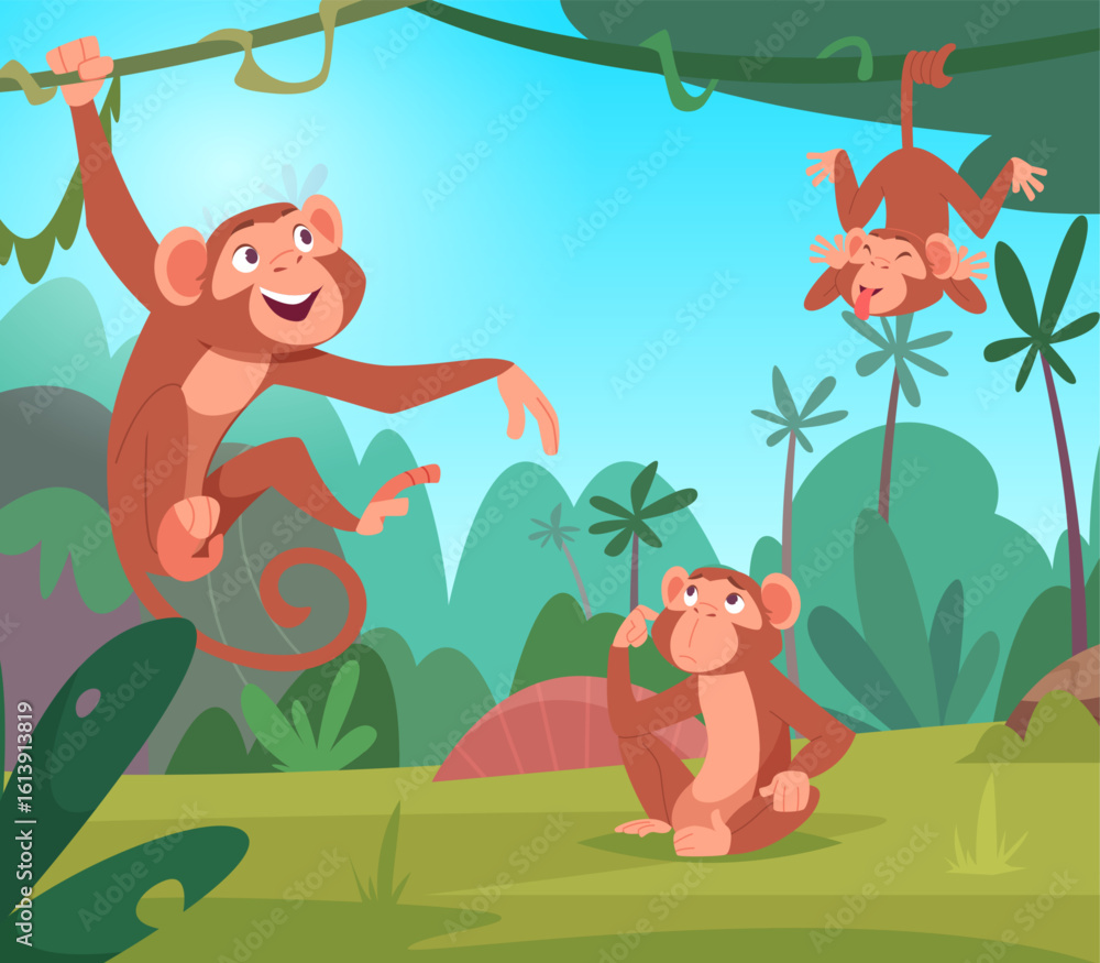 Naklejka premium Monkeys. wild jungle animals monkey playing in green exotic tropical forest