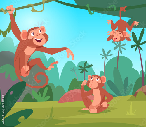 Monkeys. wild jungle animals monkey playing in green exotic tropical forest
