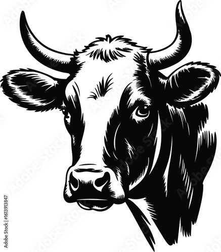 Detailed black and white illustration showcases the head of a cow with prominent horns, capturing its strong features and intricate details in a vector style artwork.