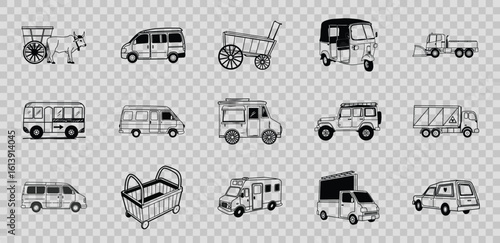 Collection of vintage vehicle silhouettes isolated on transparent background