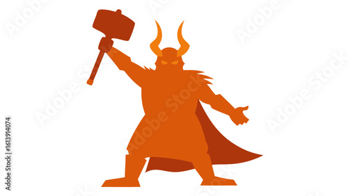 Orange Silhouette Norse God Thor Raising Hammer Mjolnir