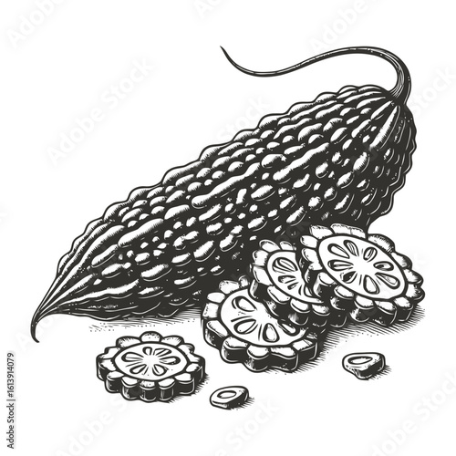 Hand-Drawn Illustration of Bitter Gourd⁠

