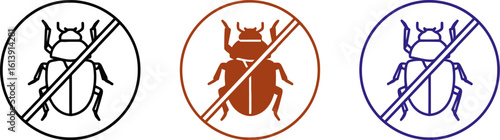 Three stylized insect icons with prohibition signs in different colors