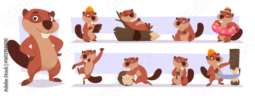 Cartoon beavers. Cute forest animals beavers working on river exact vector templates