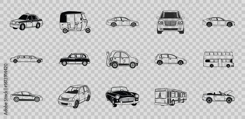 Collection of vehicle silhouettes isolated on transparent background silhouette
