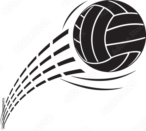 Dynamic illustration of a black volleyball in motion creating a trail of dashed lines isolated on transparent background
