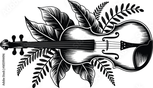 Elegant violin illustration with botanical elements showcases a musical instrument intertwined with leaves and branches, perfect for artistic designs and creative projects.