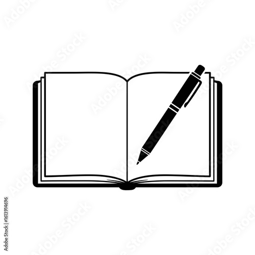 Open book with blank pages and a pen resting on top ready for writing and taking notes for study work