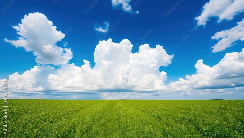 Fototapeta premium A vibrant green field stretching to the horizon under a bright blue sky filled with fluffy white clouds