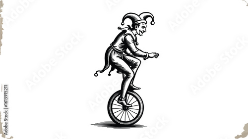 A whimsical vintage style illustration showcases a jester riding a unicycle, rendered in detailed black and white linework, evoking a sense of classic circus entertainment and playful artistry.