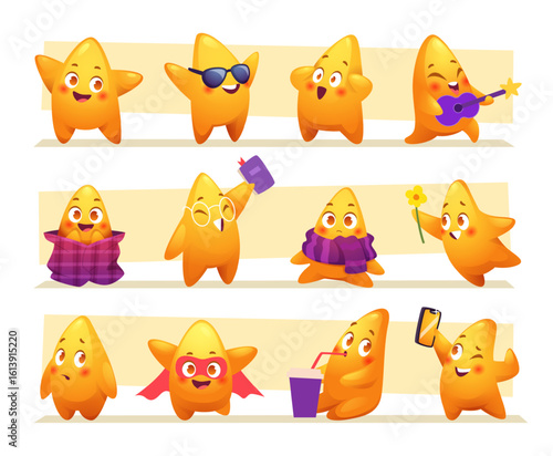 Stars characters. Funny mascot stars in action poses and different emotions on cartoon faces exact vector templates collection