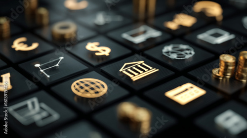 A dark tile grid featuring gold icons representing finance currency and global business concepts shown close up