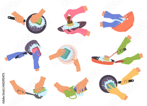 Washing dishes. People holding in hands different kitchen utensils washing and cleaning recent Vector dishes plates and pan