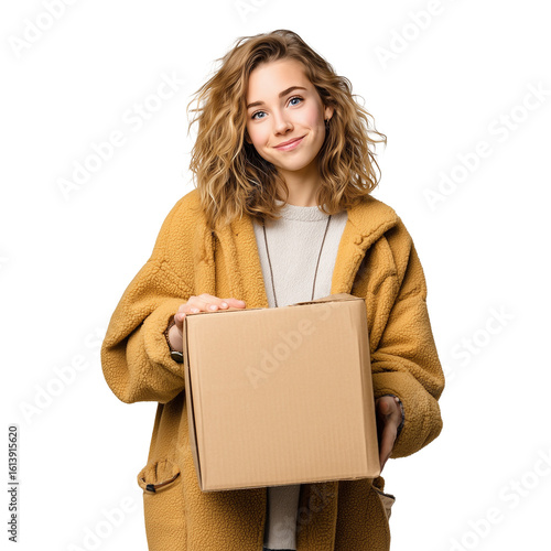 Young woman with cardboard box on white background