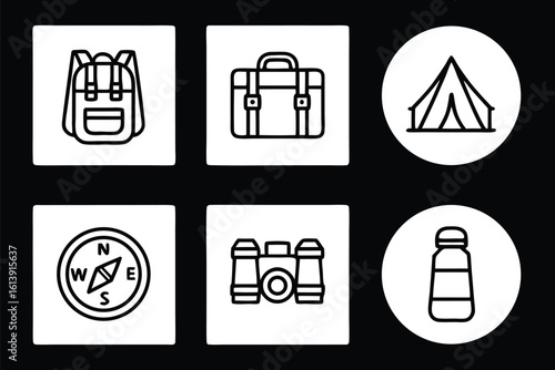 Travel Essentials Backpack, Suitcase, Tent, Compass, Binoculars, Water Bottle Icons