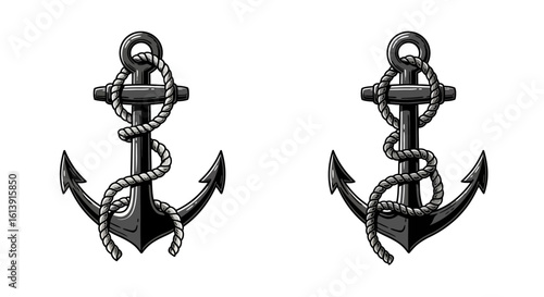 Two black anchors with rope on white background nautical theme illustration
