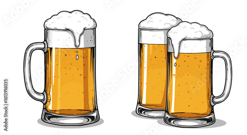 Three glasses of beer with foam on a white background illustration