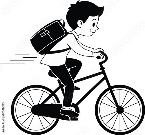 Boy riding bicycle with backpack on white background