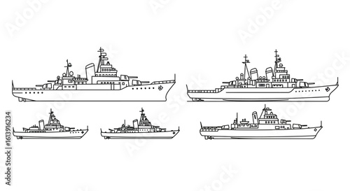 Seamless pattern of different warships in black and white outline style