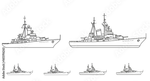 Outlines of Four Different Types of Warships on a White Background