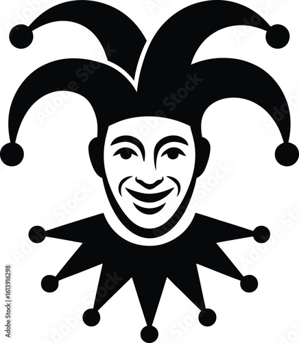 A stylized jester illustration showcases a smiling face with a traditional jester hat and collar, rendered in a clean, bold black and white design suitable for various creative projects.