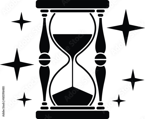 A striking black hourglass illustration, surrounded by sparkling stars, evokes themes of time, magic, and the ephemeral nature of moments in a minimalist design.