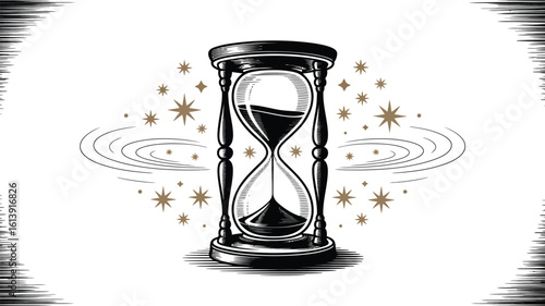 An hourglass illustration with flowing sand and star accents evokes themes of time, deadlines, and the fleeting nature of moments, perfect for conceptual designs.