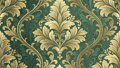 Elegant green and gold damask pattern. Seamless style, luxurious and ultra-modern. High resolution. Designed for printing on fabric or wallpaper.